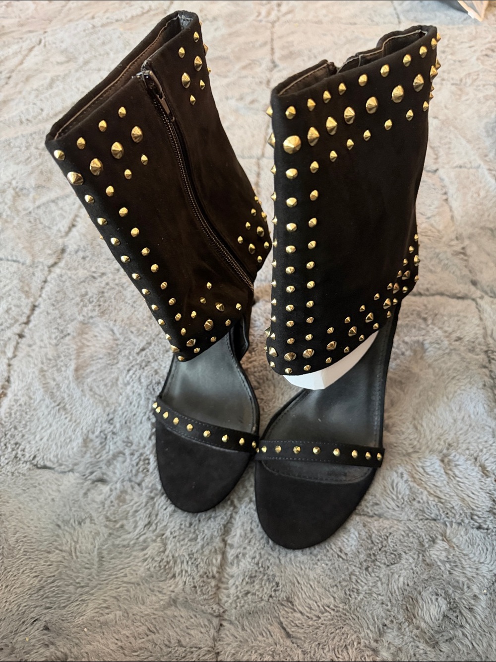 Black Studded Open-Toe Heeled Booties